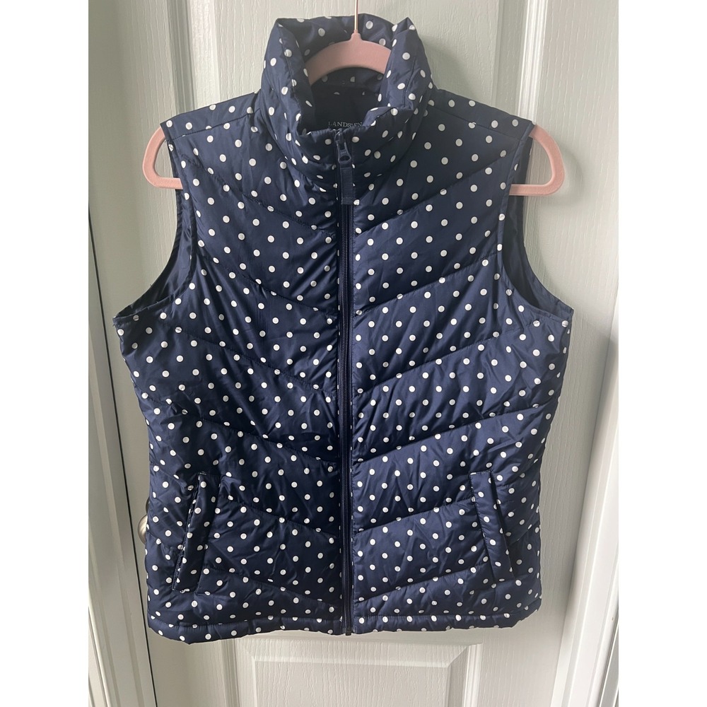 Lands End Womens Down Puffer‎ Vest Blue White Polka Dot Size S